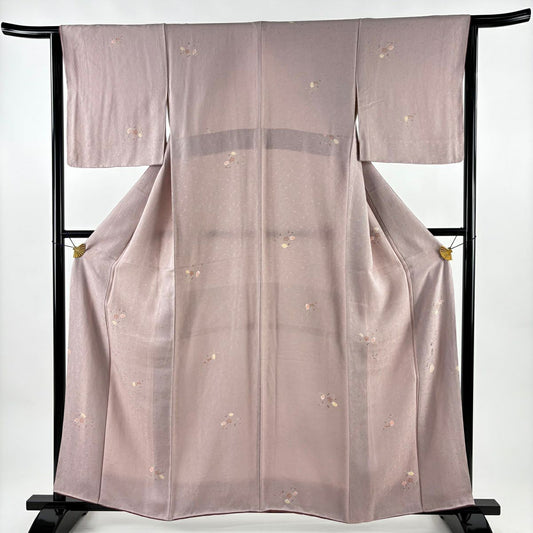 小紋 身長157cm 袖長63.5cm S 雙層 落款 草花紋紋 粉紅 純蠶絲 優品級