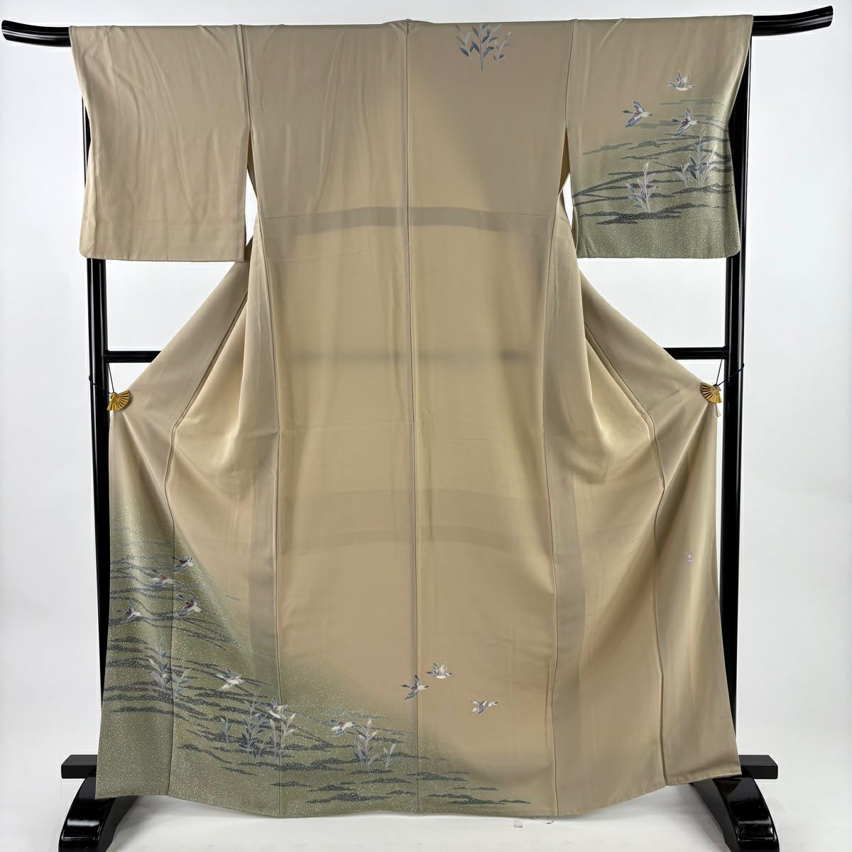【美品】 付下 身長166.5cm 袖長67cm M 雙層 落款あり 鴨 葉紋 漸層 米色 純蠶絲 優品級