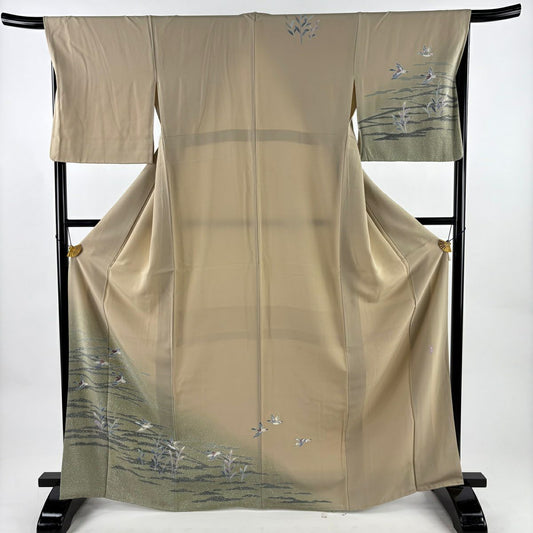【美品】 付下 身長166.5cm 袖長67cm M 雙層 落款あり 鴨 葉紋 漸層 米色 純蠶絲 優品級