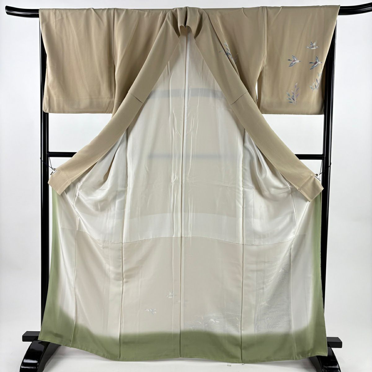 【美品】 付下 身長166.5cm 袖長67cm M 雙層 落款あり 鴨 葉紋 漸層 米色 純蠶絲 優品級
