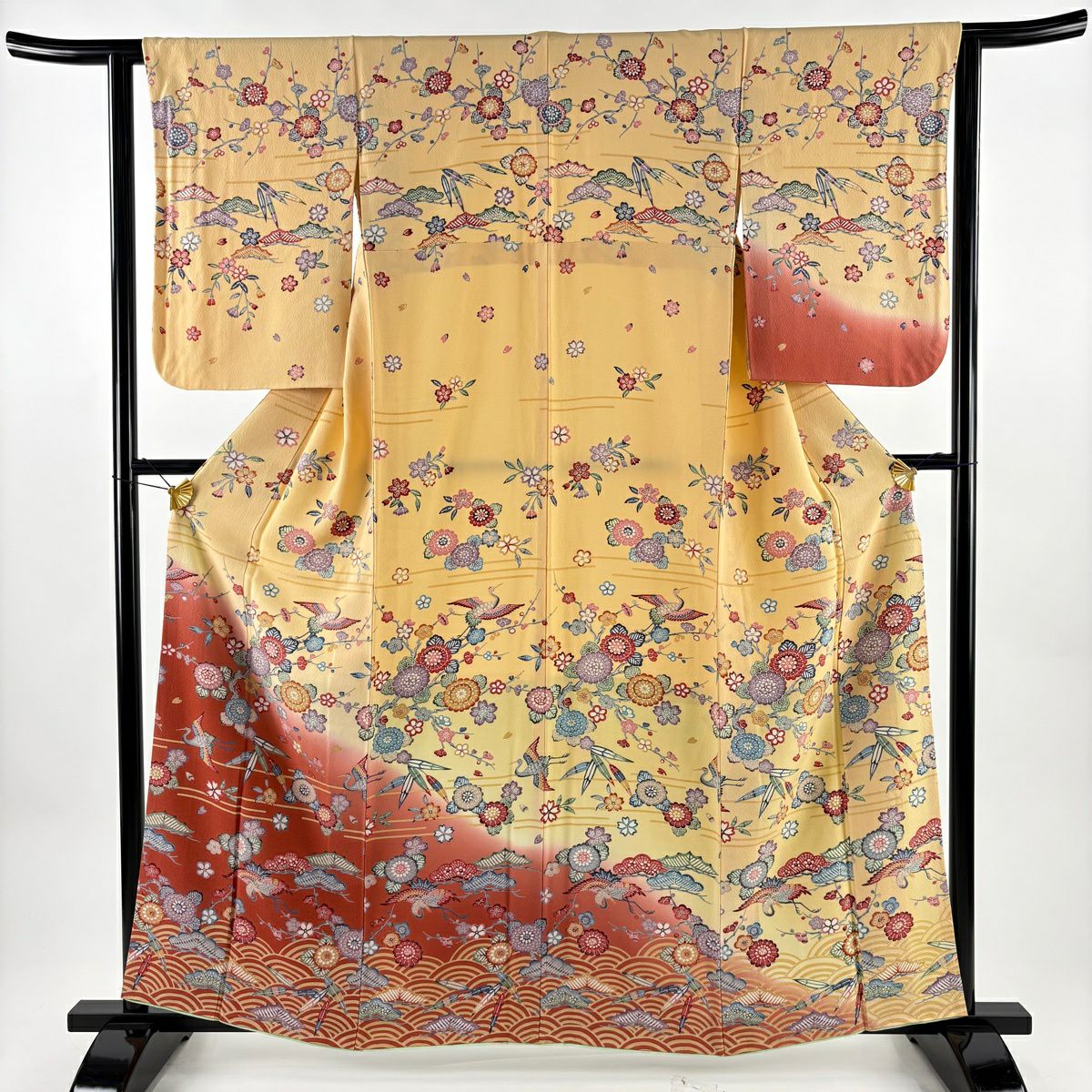 訪問服 身長161cm 袖長62cm S 雙層 松樹竹子梅花 青海波 染分 逐漸淡化 淺橙色 純蠶絲 優品級