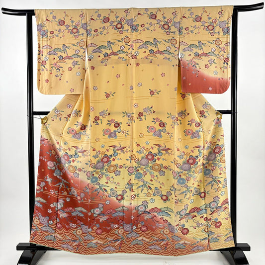 訪問服 身長161cm 袖長62cm S 雙層 松樹竹子梅花 青海波 染分 逐漸淡化 淺橙色 純蠶絲 優品級