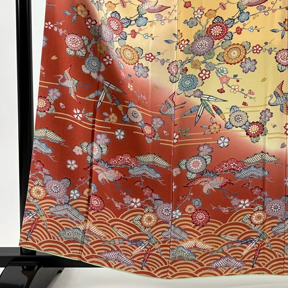 訪問服 身長161cm 袖長62cm S 雙層 松樹竹子梅花 青海波 染分 逐漸淡化 淺橙色 純蠶絲 優品級