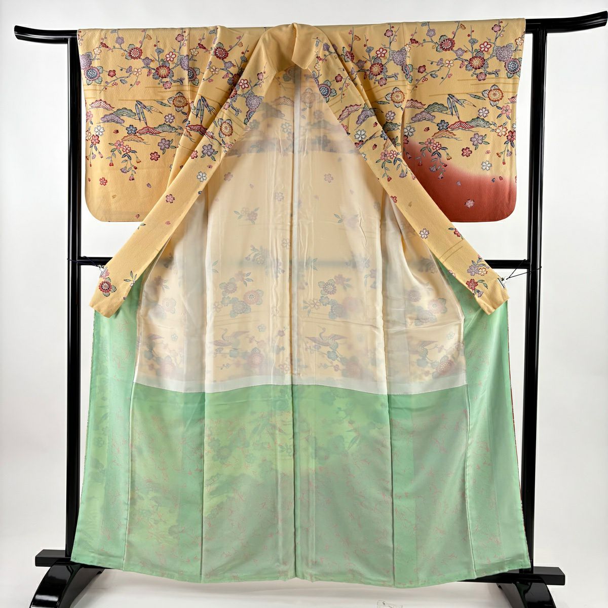 訪問服 身長161cm 袖長62cm S 雙層 松樹竹子梅花 青海波 染分 逐漸淡化 淺橙色 純蠶絲 優品級