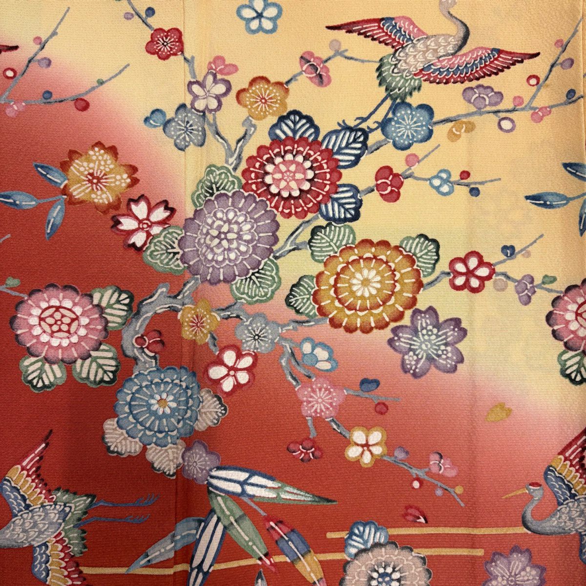 訪問服 身長161cm 袖長62cm S 雙層 松樹竹子梅花 青海波 染分 逐漸淡化 淺橙色 純蠶絲 優品級
