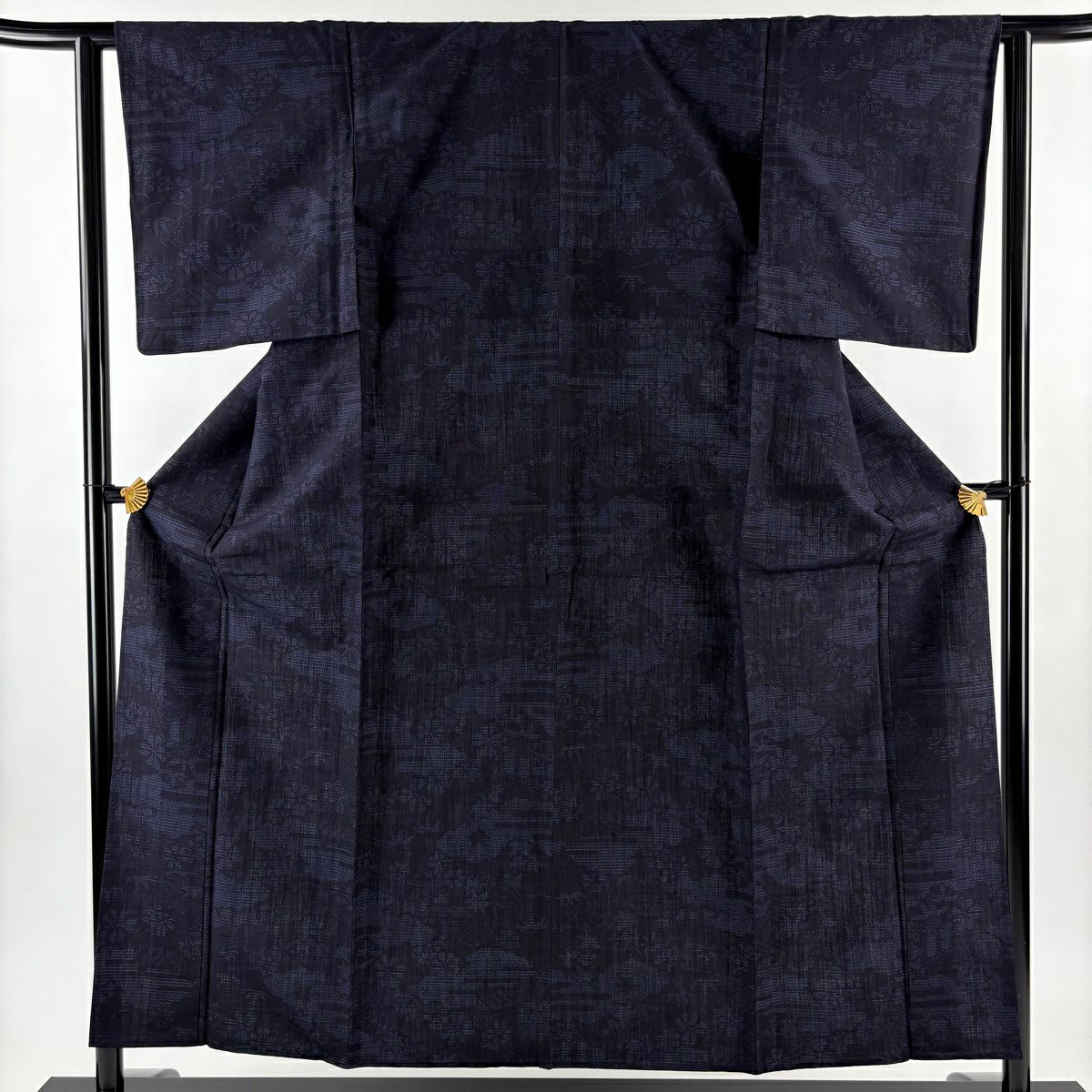 紬織 身長156.5cm 袖長62cm S 單層 證書あり 薄霞 草花紋紋 深藍 純蠶絲 優品級