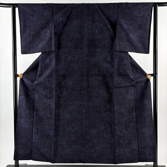 紬織 身長156.5cm 袖長62cm S 單層 證書あり 薄霞 草花紋紋 深藍 純蠶絲 優品級