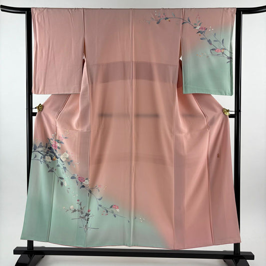 訪問服 身長153cm 袖長64cm M 雙層 落款有 枝花 染分 ぼかし 粉紅 純蠶絲 優品級