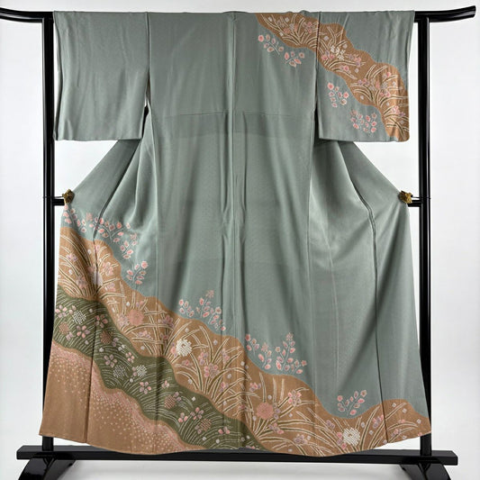訪問服 身長156cm 袖長62cm S 雙層 草花紋紋 金彩裝飾 絞染 灰綠 純蠶絲 秀品級