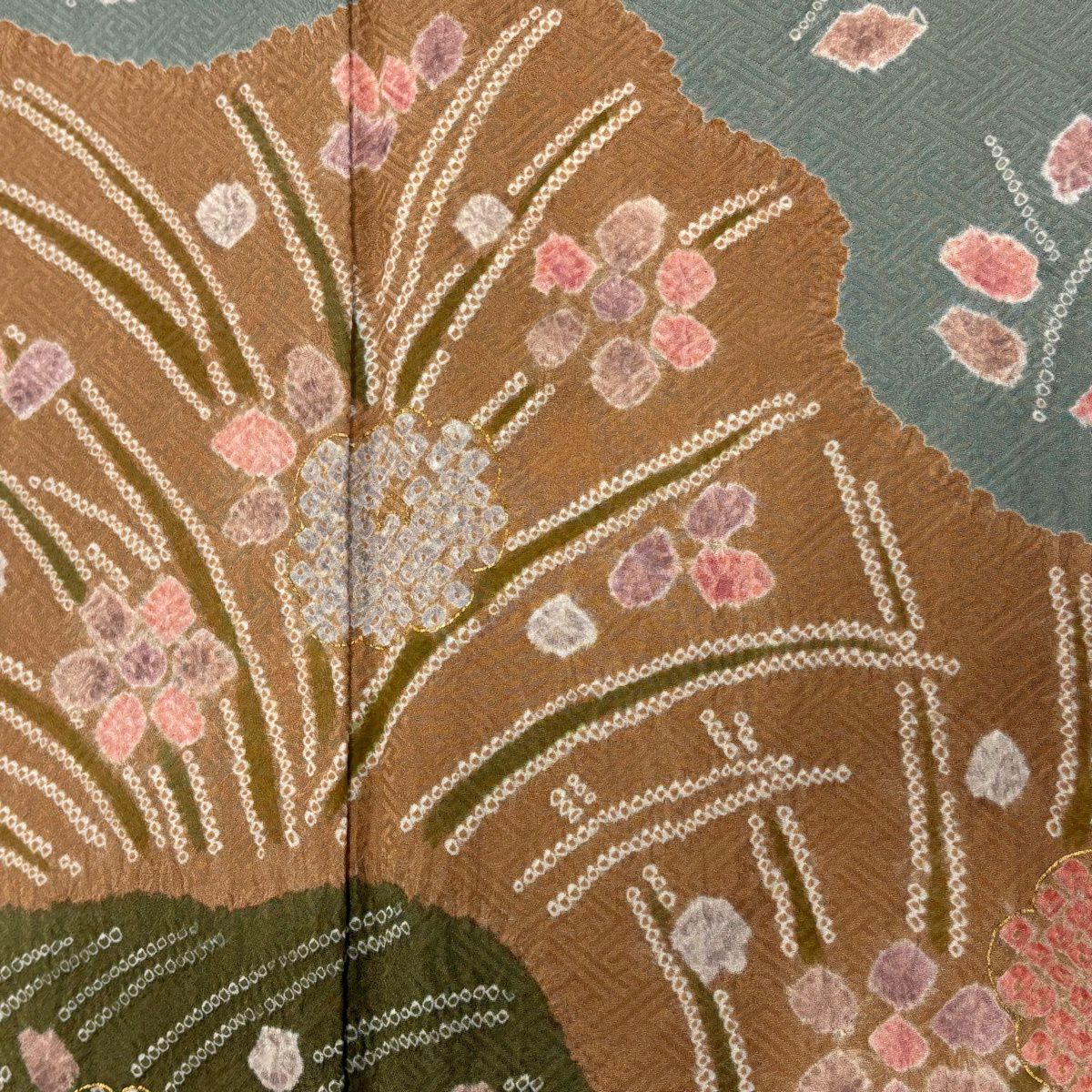 訪問服 身長156cm 袖長62cm S 雙層 草花紋紋 金彩裝飾 絞染 灰綠 純蠶絲 秀品級