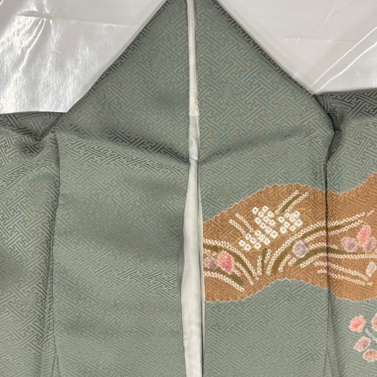 訪問服 身長156cm 袖長62cm S 雙層 草花紋紋 金彩裝飾 絞染 灰綠 純蠶絲 秀品級