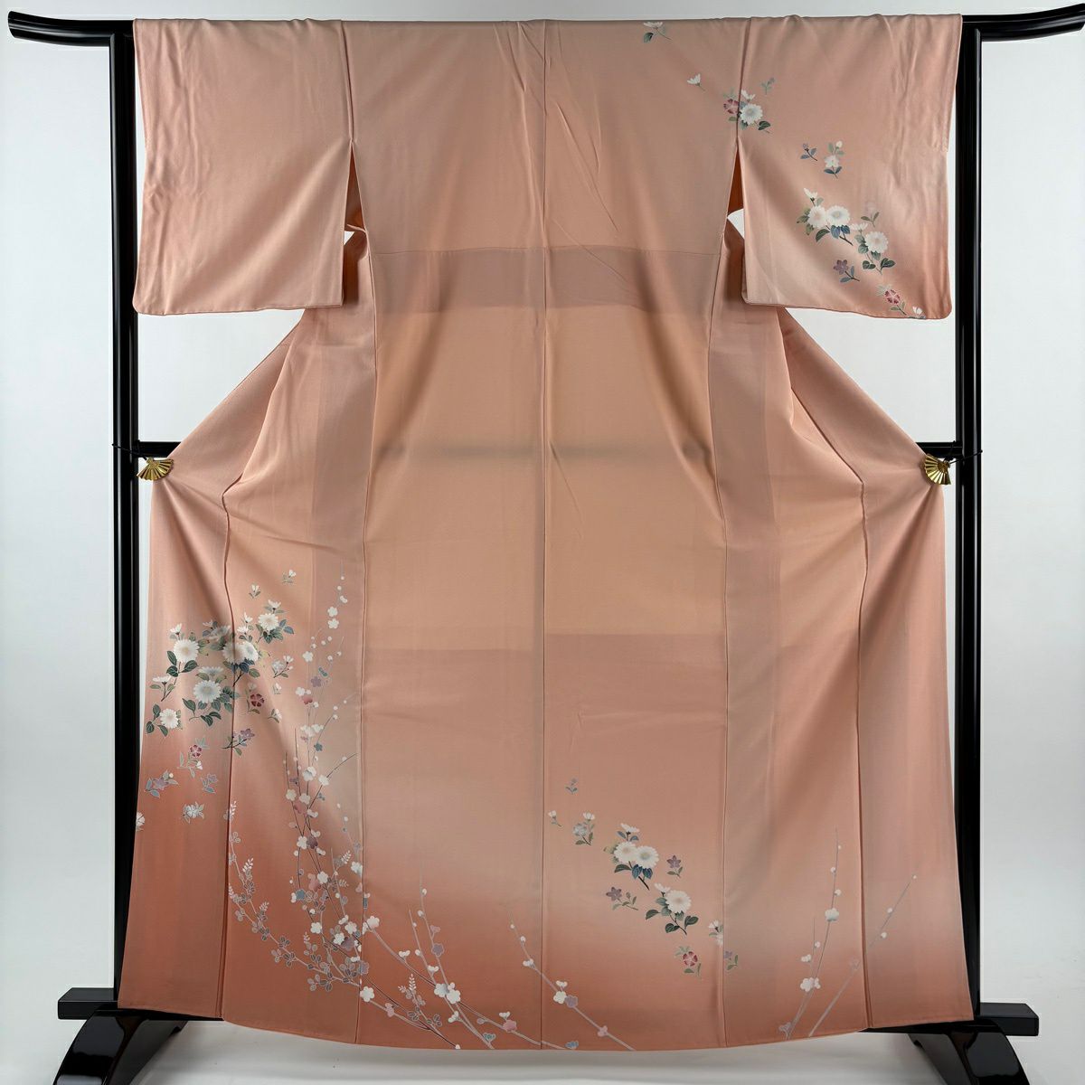 【美品】訪問服 身長163.5cm 袖長63.5cm S 雙層 草花紋紋 枝梅花 漸層 淺橙色 純蠶絲 優品級