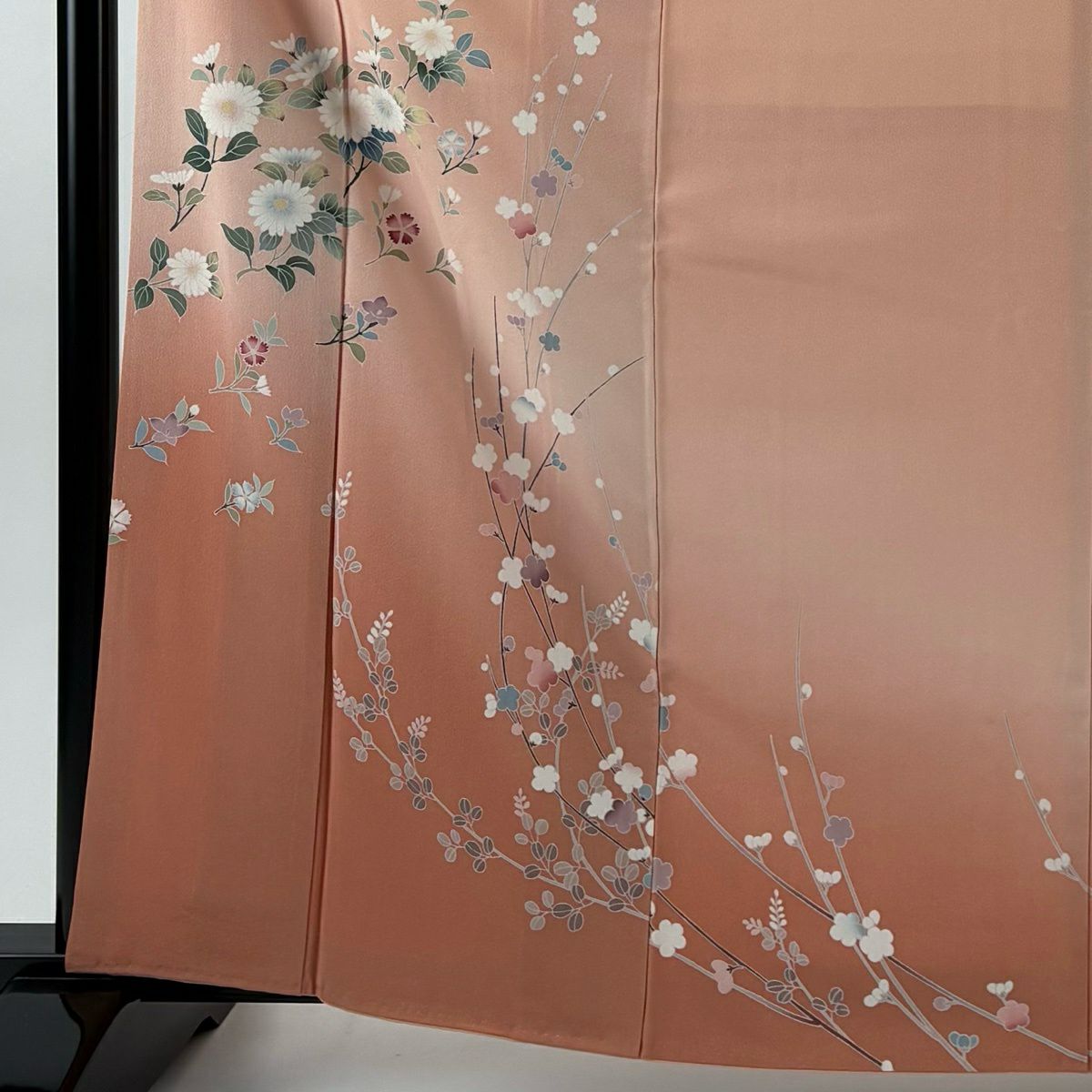 【美品】訪問服 身長163.5cm 袖長63.5cm S 雙層 草花紋紋 枝梅花 漸層 淺橙色 純蠶絲 優品級