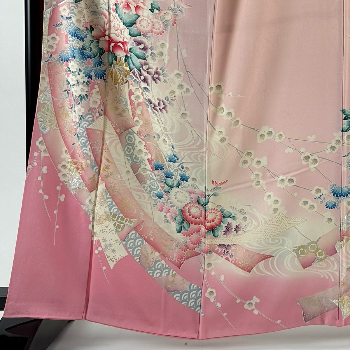 振袖禮服 身長163cm 袖長64cm M 雙層 牡丹 熨斗紋 金銀彩 漸層 淺粉色 純蠶絲 優品級