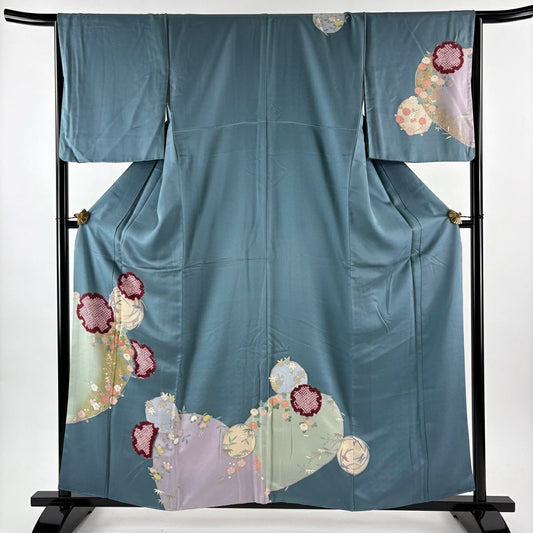 訪問服 身長158cm 袖長66.5cm M 雙層 雪輪 花丸紋 金銀彩 絞染 青灰 純蠶絲 秀品級