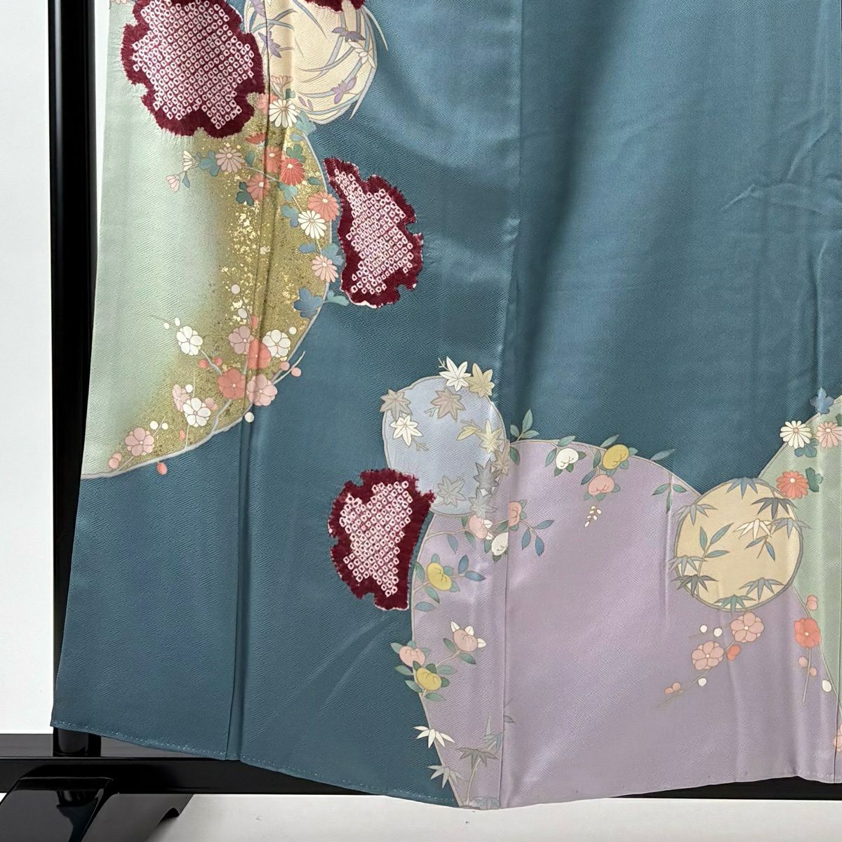 訪問服 身長158cm 袖長66.5cm M 雙層 雪輪 花丸紋 金銀彩 絞染 青灰 純蠶絲 秀品級