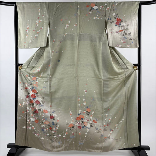 訪問服 身長161.5cm 袖長64.5cm M 雙層 草花紋紋 枝梅花 染分 ぼかし 灰綠 純蠶絲 秀品級