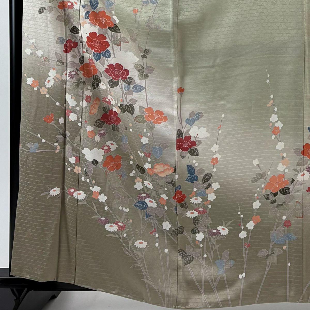 訪問服 身長161.5cm 袖長64.5cm M 雙層 草花紋紋 枝梅花 染分 ぼかし 灰綠 純蠶絲 秀品級