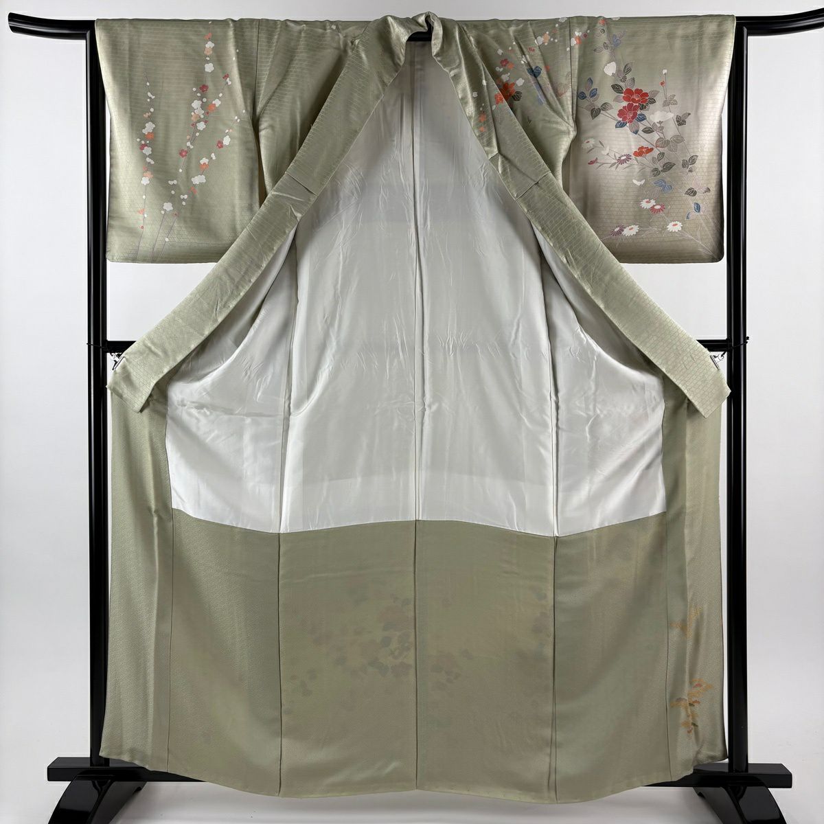 訪問服 身長161.5cm 袖長64.5cm M 雙層 草花紋紋 枝梅花 染分 ぼかし 灰綠 純蠶絲 秀品級