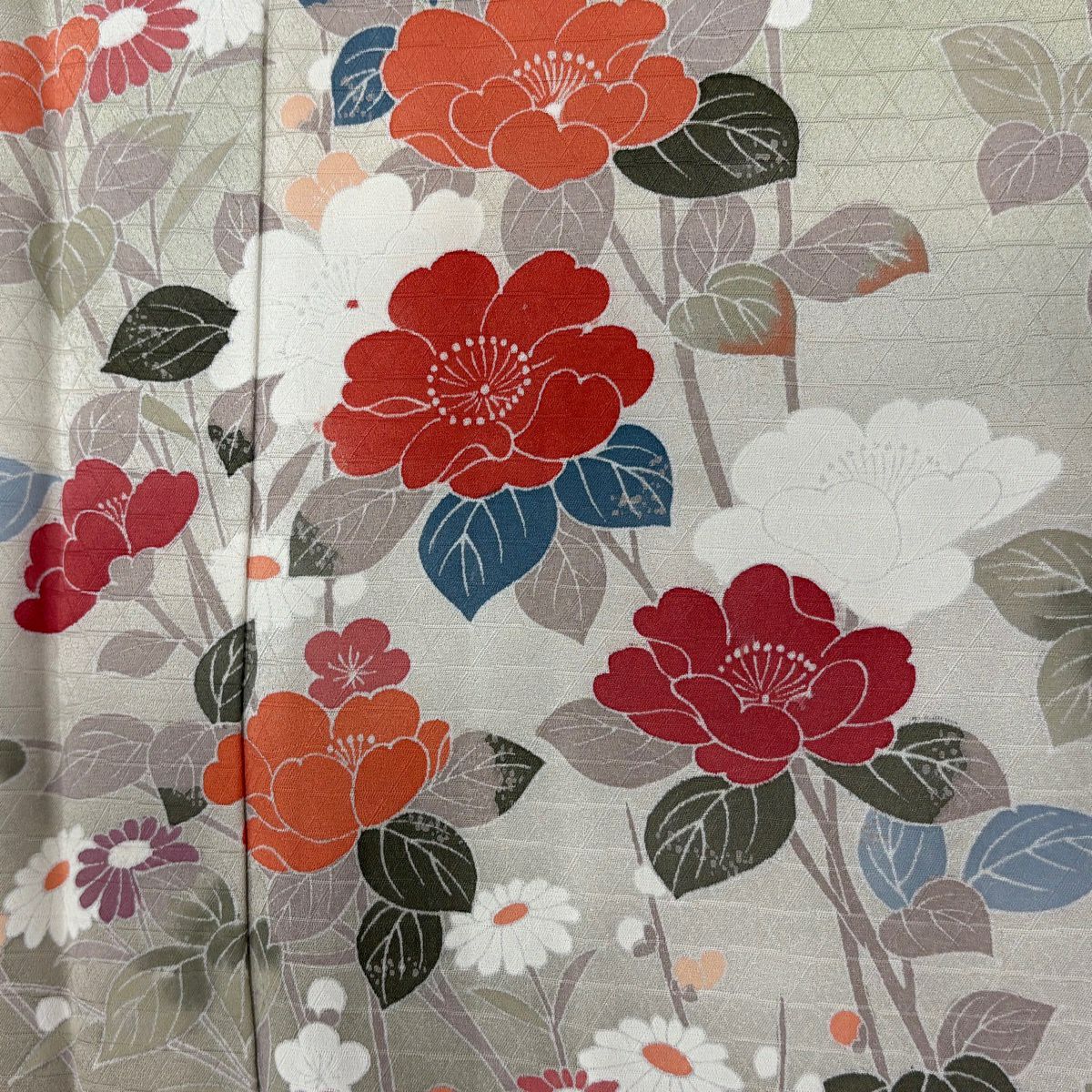 訪問服 身長161.5cm 袖長64.5cm M 雙層 草花紋紋 枝梅花 染分 ぼかし 灰綠 純蠶絲 秀品級