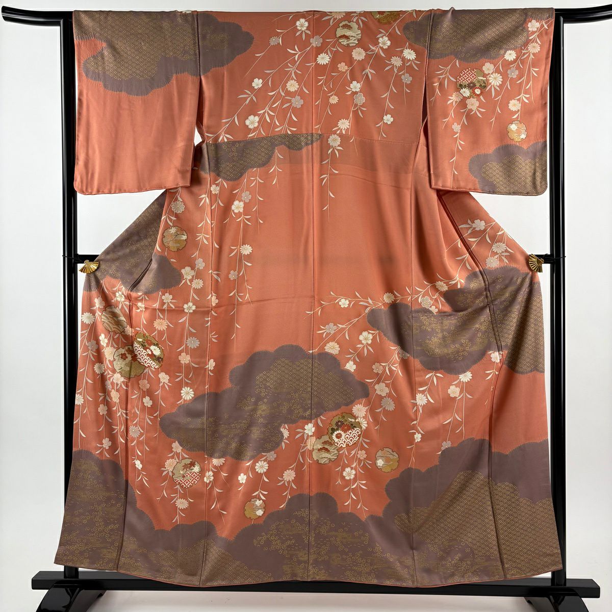 訪問服 身長157.5cm 袖長63.5cm S 雙層 雪輪 菊花 金絲 金銀彩 鮭粉色 純蠶絲 秀品級
