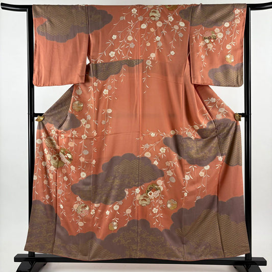 訪問服 身長157.5cm 袖長63.5cm S 雙層 雪輪 菊花 金絲 金銀彩 鮭粉色 純蠶絲 秀品級