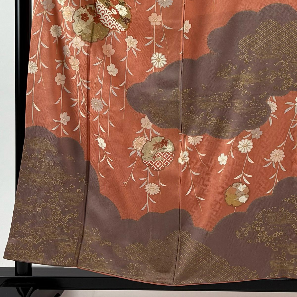 訪問服 身長157.5cm 袖長63.5cm S 雙層 雪輪 菊花 金絲 金銀彩 鮭粉色 純蠶絲 秀品級