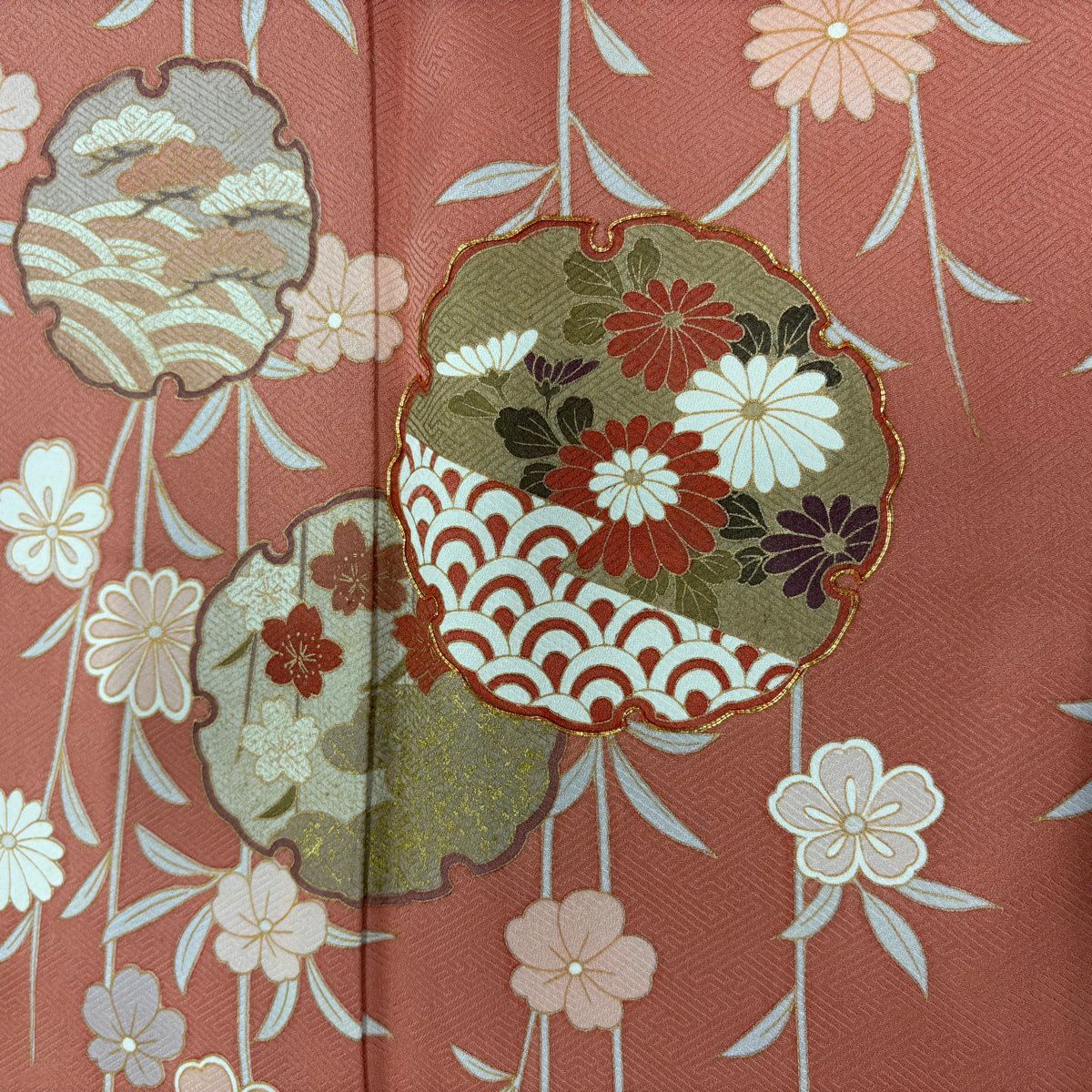 訪問服 身長157.5cm 袖長63.5cm S 雙層 雪輪 菊花 金絲 金銀彩 鮭粉色 純蠶絲 秀品級