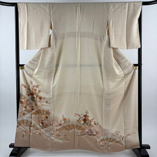 色留袖禮服 身長161.5cm 袖長66.5cm M 雙層 草花紋紋 片輪車 金絲 金銀彩 米色 純蠶絲 優品級 三つ紋