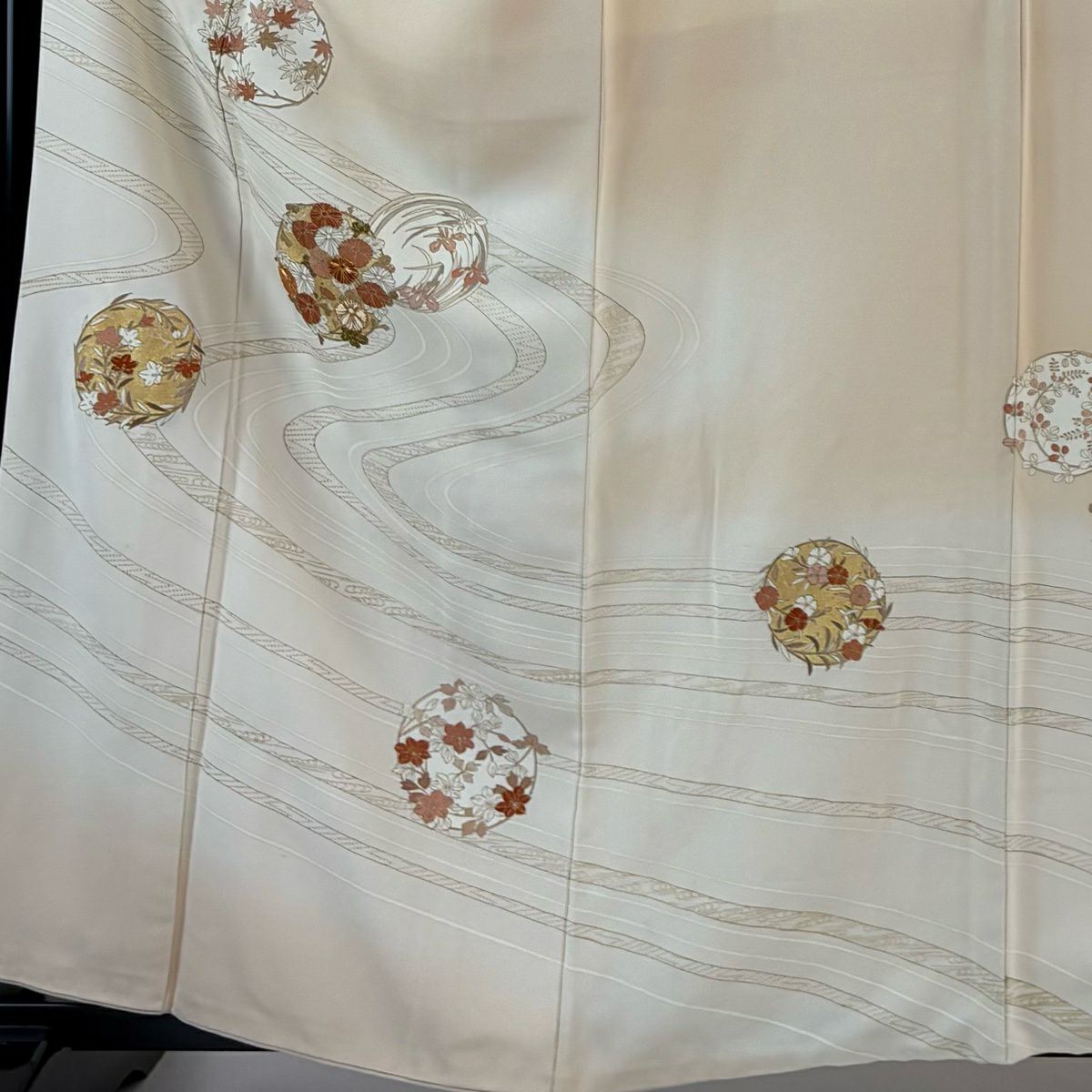 訪問服 身長160cm 袖長67cm M 雙層 花丸紋 流水 金絲 金銀彩 淺橙色 純蠶絲 優品級