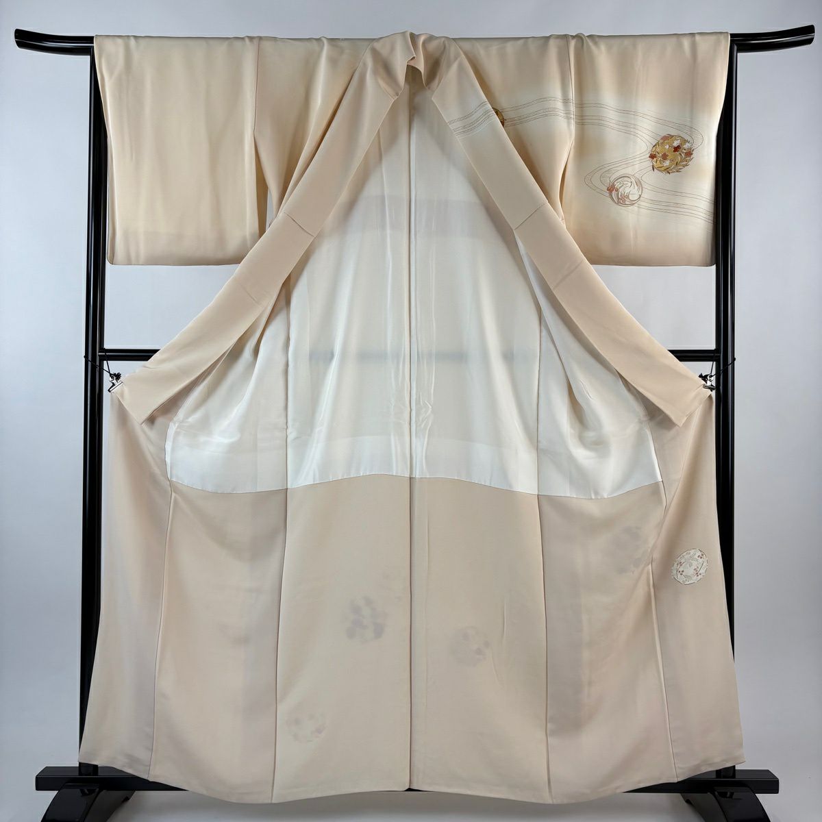 訪問服 身長160cm 袖長67cm M 雙層 花丸紋 流水 金絲 金銀彩 淺橙色 純蠶絲 優品級