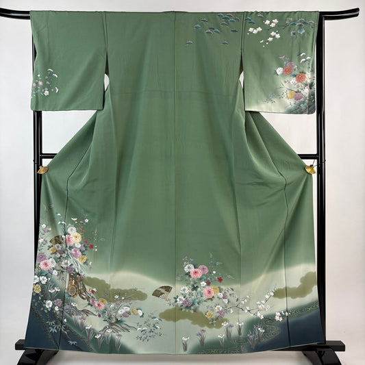 訪問服 身長161.5cm 袖長66.5cm M 雙層 菊花 御所車 刺繡 金糸 薄綠 純蠶絲 秀品級