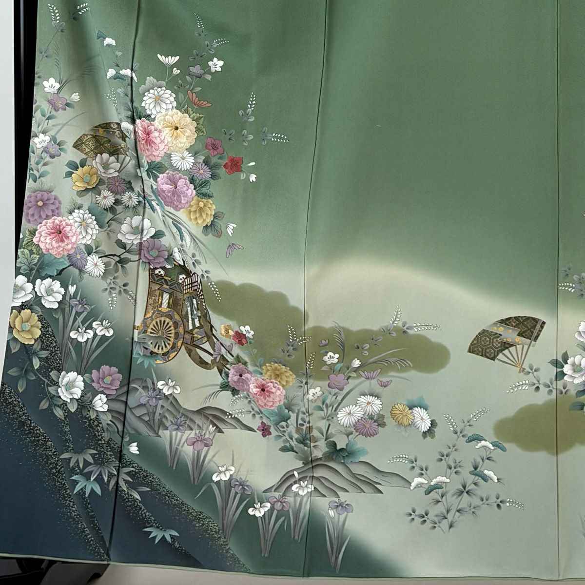 訪問服 身長161.5cm 袖長66.5cm M 雙層 菊花 御所車 刺繡 金糸 薄綠 純蠶絲 秀品級