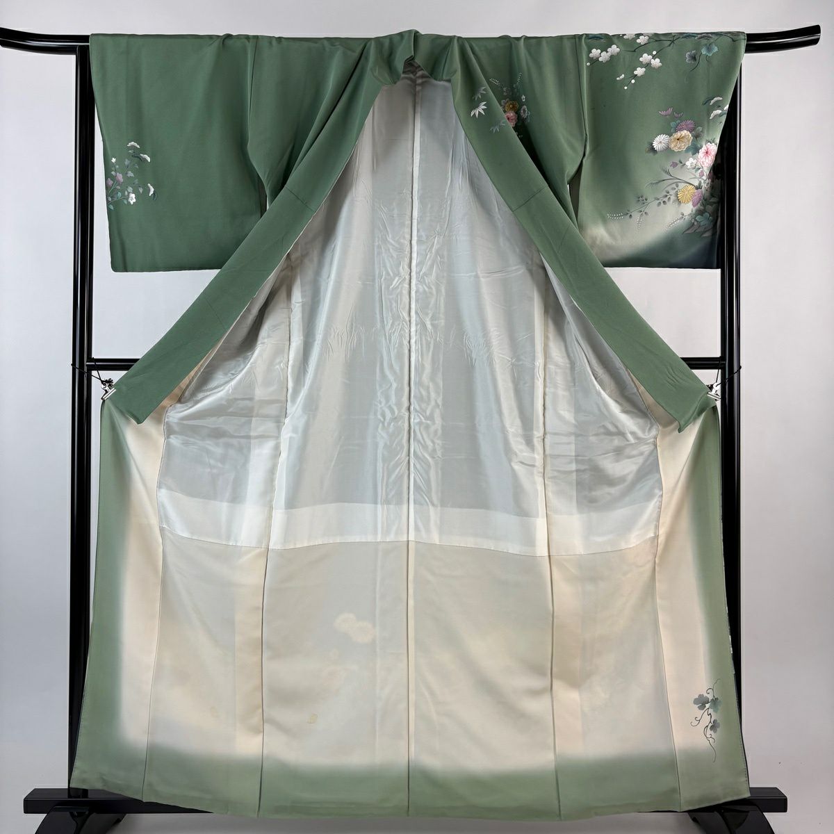 訪問服 身長161.5cm 袖長66.5cm M 雙層 菊花 御所車 刺繡 金糸 薄綠 純蠶絲 秀品級