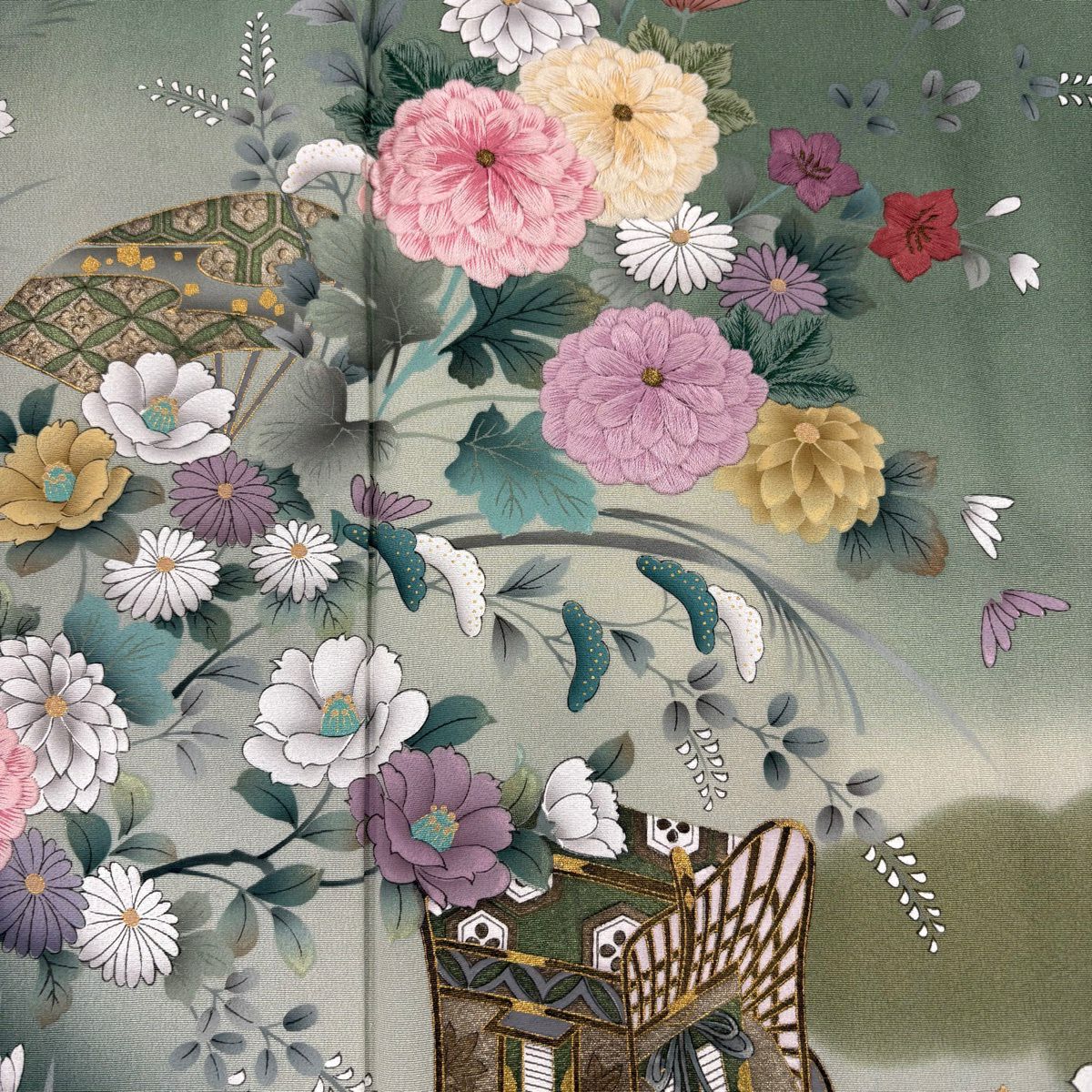 訪問服 身長161.5cm 袖長66.5cm M 雙層 菊花 御所車 刺繡 金糸 薄綠 純蠶絲 秀品級