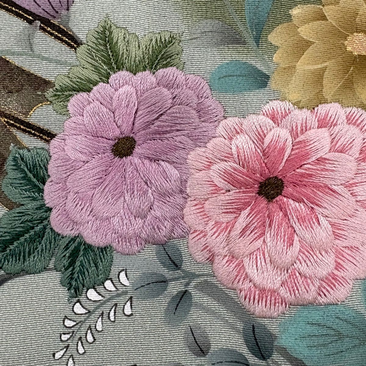 訪問服 身長161.5cm 袖長66.5cm M 雙層 菊花 御所車 刺繡 金糸 薄綠 純蠶絲 秀品級