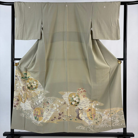 色留袖禮服 身長155.5cm 袖長62.5cm S 雙層 菊花 櫻花 金絲 金銀彩 米色 純蠶絲 秀品級 三つ紋