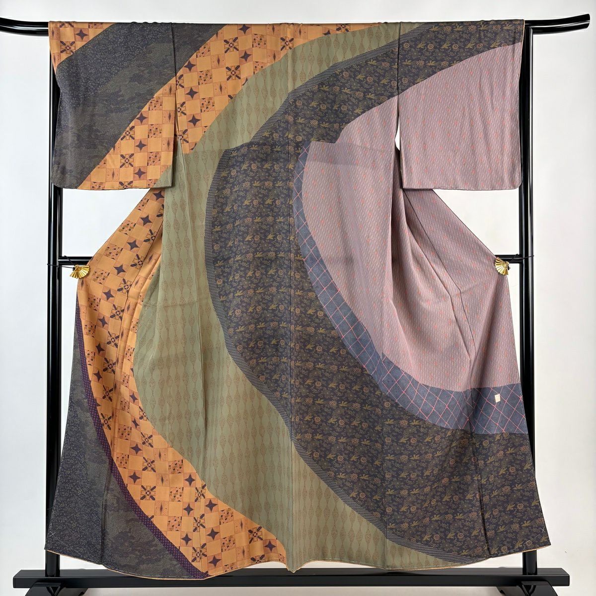 【美品】訪問服 身長156cm 袖長66cm M 雙層 市松樹紋 花鳥 灰綠 純蠶絲 秀品級