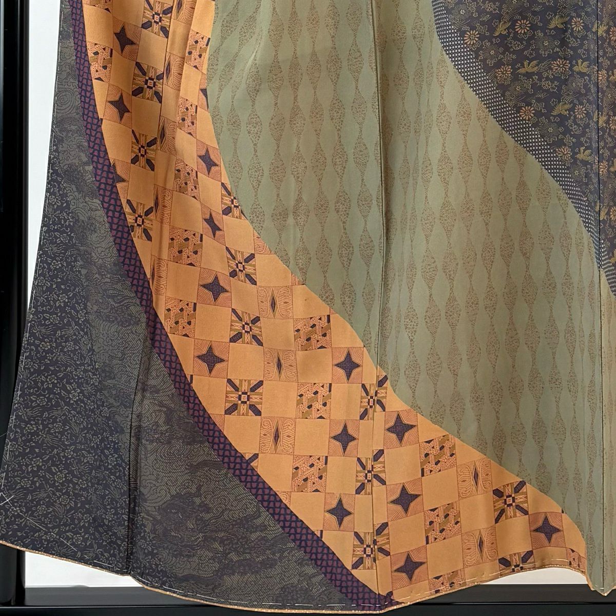 【美品】訪問服 身長156cm 袖長66cm M 雙層 市松樹紋 花鳥 灰綠 純蠶絲 秀品級