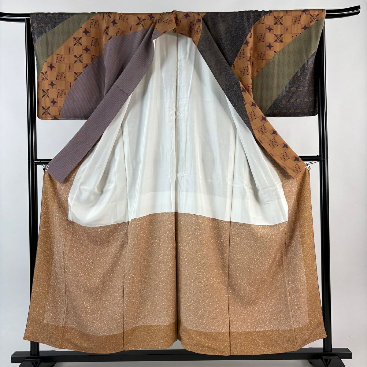 【美品】訪問服 身長156cm 袖長66cm M 雙層 市松樹紋 花鳥 灰綠 純蠶絲 秀品級
