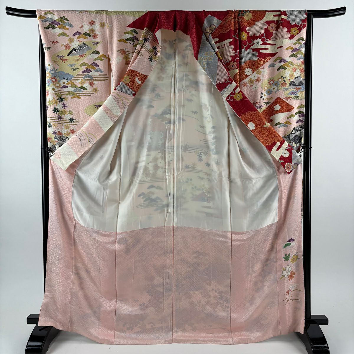 振袖禮服 身長169cm 袖長68cm L 雙層 松樹竹子梅花 建物 金銀彩 淺粉色 純蠶絲 優品級