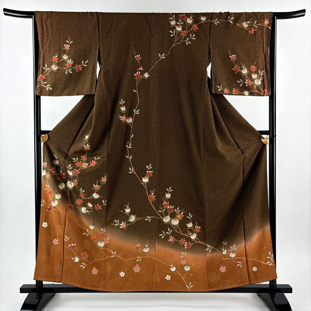 訪問服 身長158.5cm 袖長66cm M 雙層 橘 梅花 金彩裝飾 染分 茶 純蠶絲 秀品級