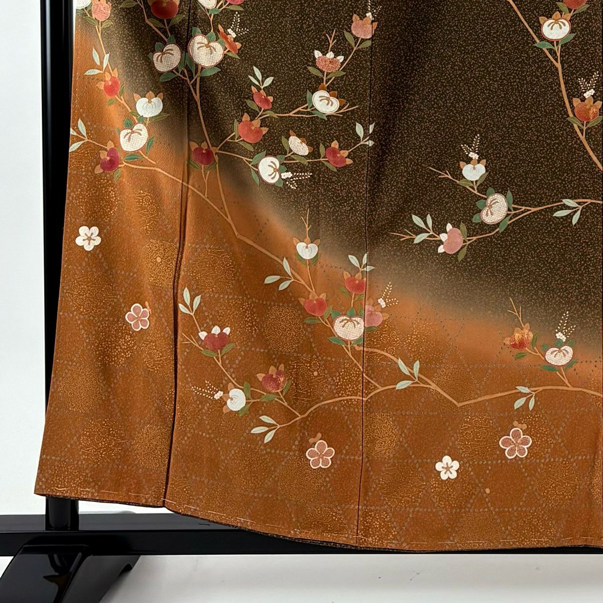 訪問服 身長158.5cm 袖長66cm M 雙層 橘 梅花 金彩裝飾 染分 茶 純蠶絲 秀品級