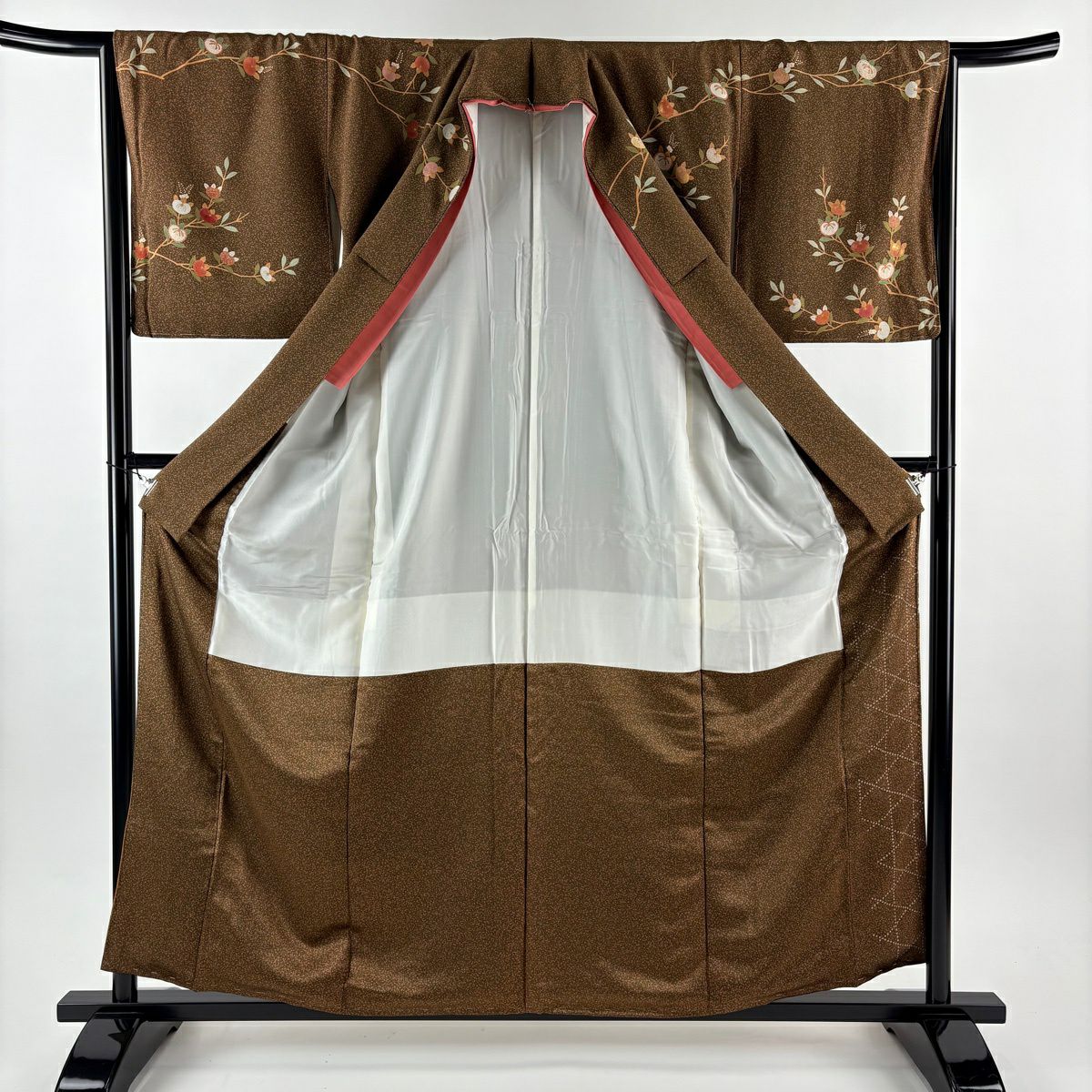 訪問服 身長158.5cm 袖長66cm M 雙層 橘 梅花 金彩裝飾 染分 茶 純蠶絲 秀品級