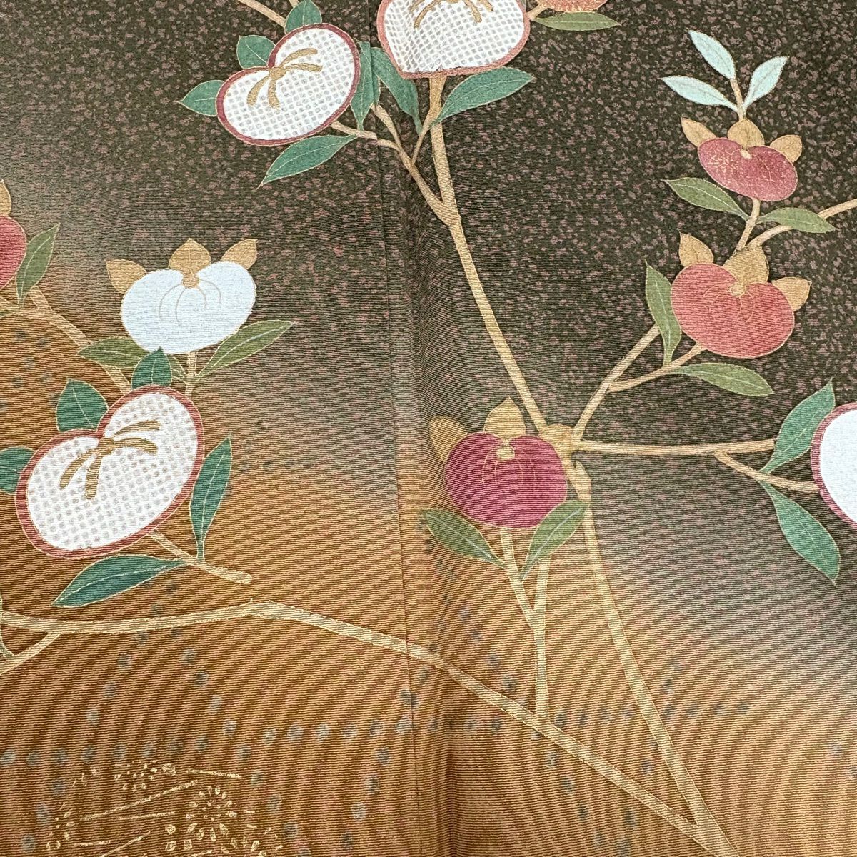 訪問服 身長158.5cm 袖長66cm M 雙層 橘 梅花 金彩裝飾 染分 茶 純蠶絲 秀品級