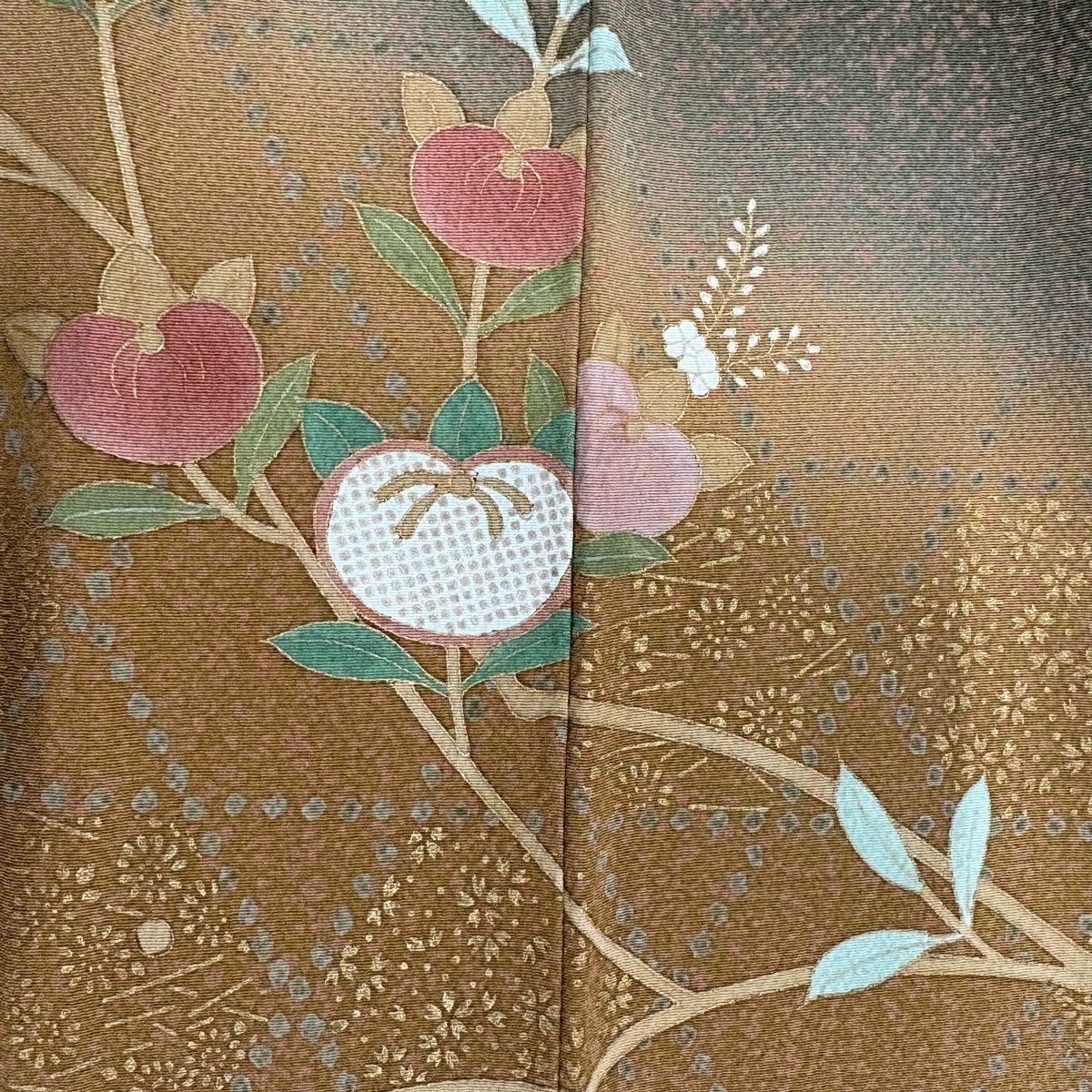 訪問服 身長158.5cm 袖長66cm M 雙層 橘 梅花 金彩裝飾 染分 茶 純蠶絲 秀品級