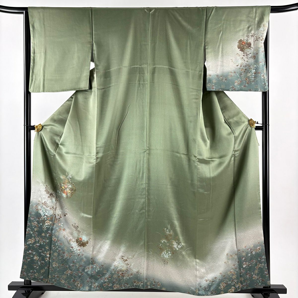 付下 身長158cm 袖長66.5cm M 雙層 ますいわ屋 菊花 雪輪 金銀彩 刺繡 灰綠 純蠶絲 秀品級