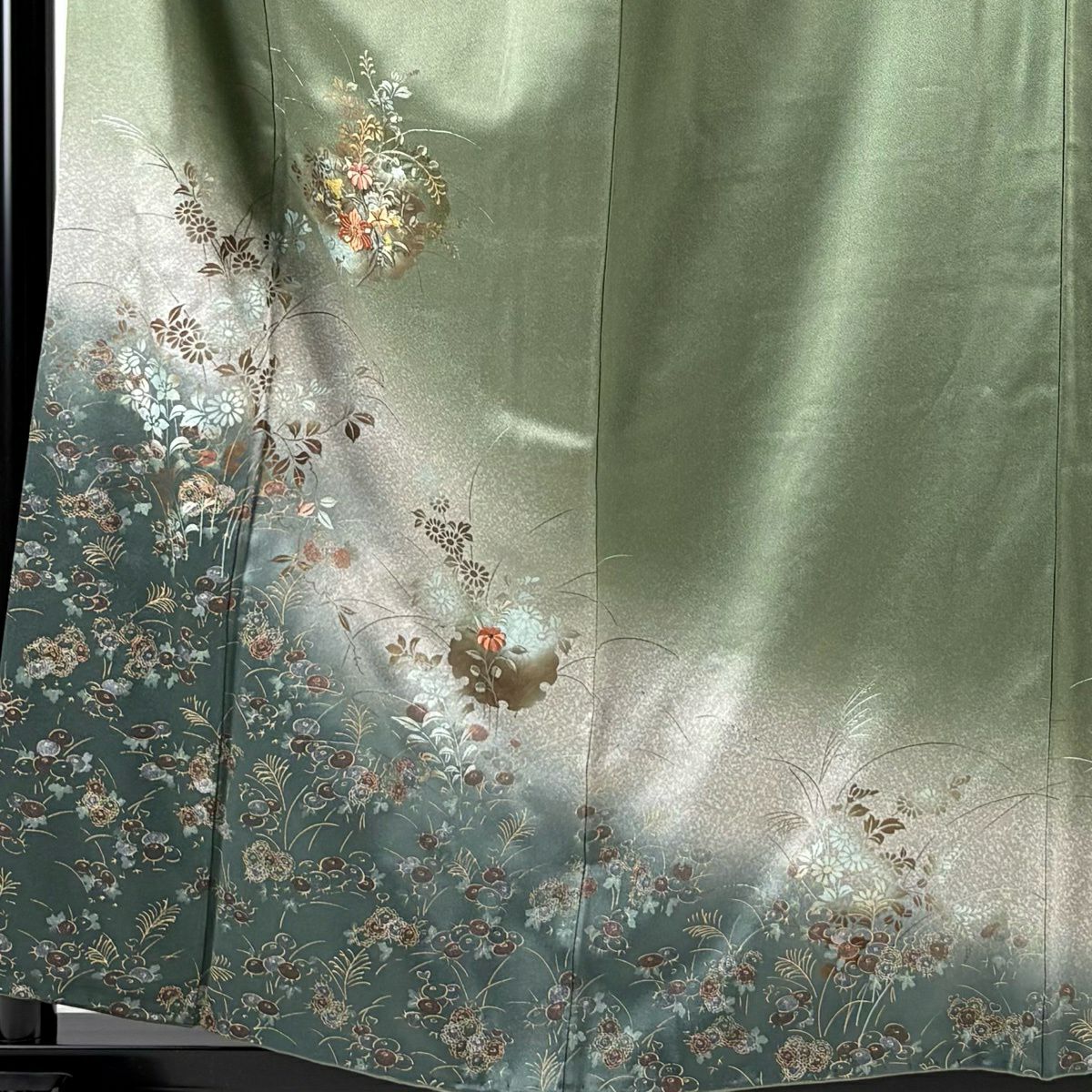 付下 身長158cm 袖長66.5cm M 雙層 ますいわ屋 菊花 雪輪 金銀彩 刺繡 灰綠 純蠶絲 秀品級