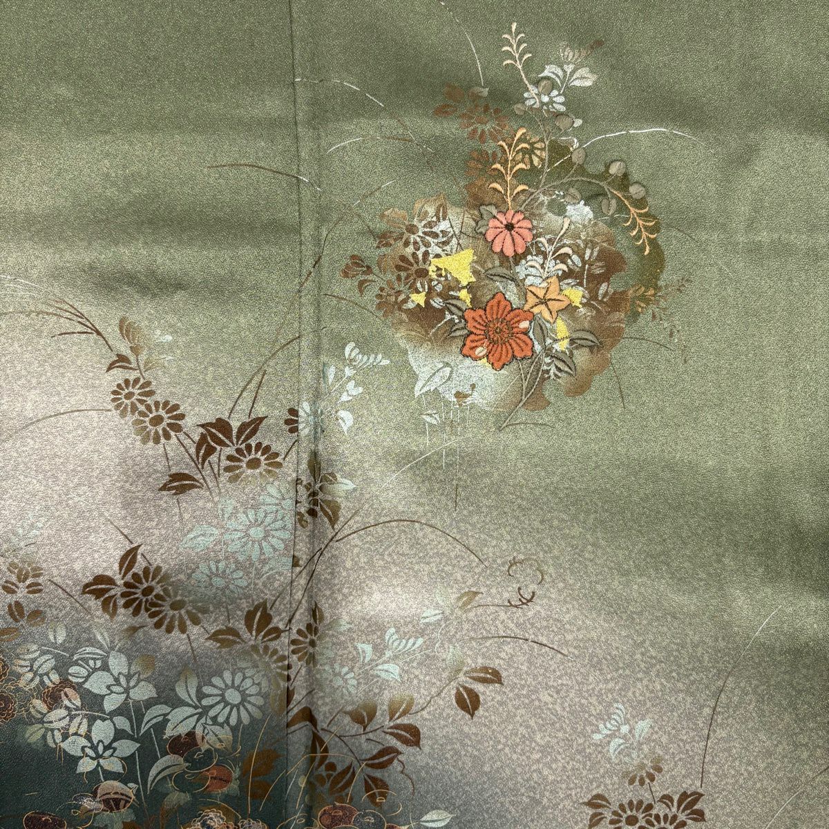 付下 身長158cm 袖長66.5cm M 雙層 ますいわ屋 菊花 雪輪 金銀彩 刺繡 灰綠 純蠶絲 秀品級