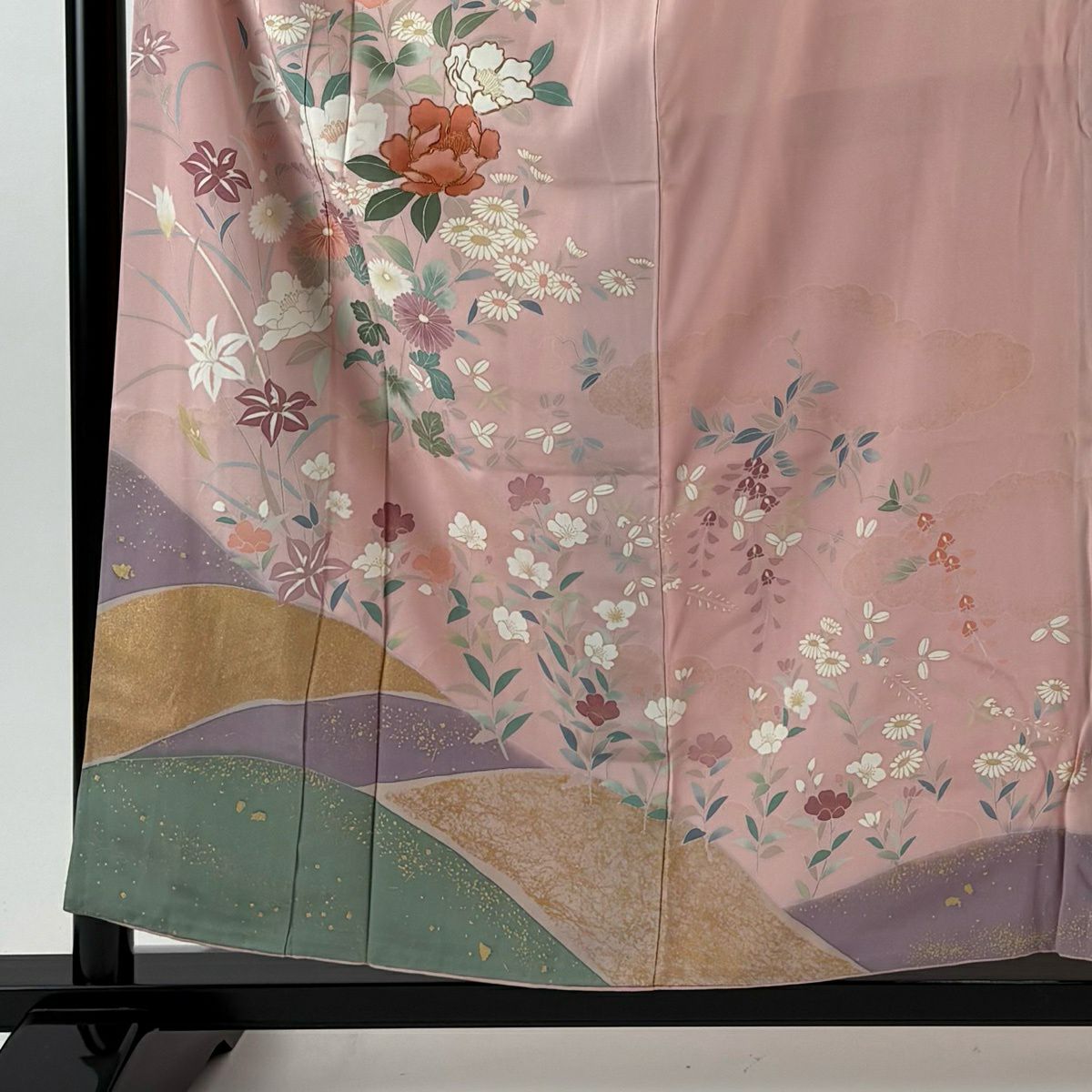 訪問服 身長157cm 袖長66cm M 雙層 草花紋紋 遠山 金絲 金銀彩 粉紅 純蠶絲 優品級